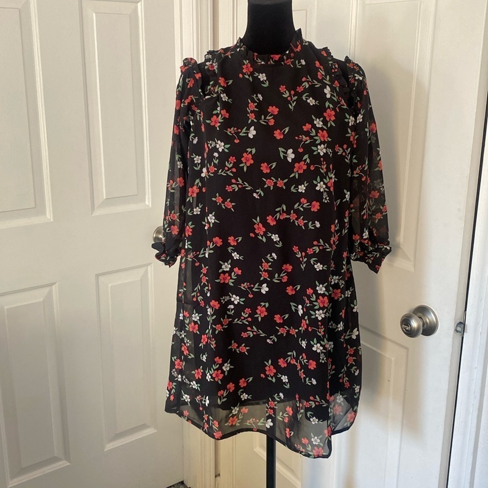 Love Tree floral shift dress with cold shoulders.